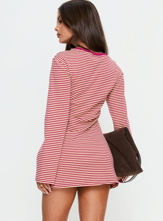 Lulolah Long Sleeve Mini Dress Lemon  Burgundy Stripe