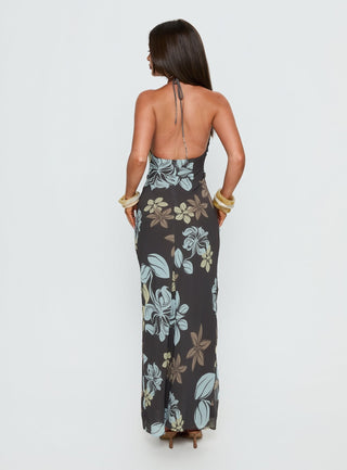 Esmira Halter Maxi Dress Chocolate  Blue Floral