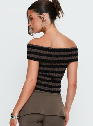 Murmur Off Shoulder Top Brown  Black Stripe