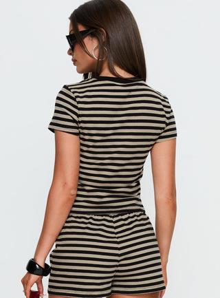 Settle Down Baby Tee Black  Beige Stripe