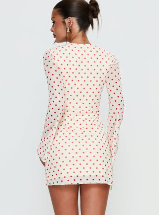Nyxia Long Sleeve Mini Dress Cream  Red Polka