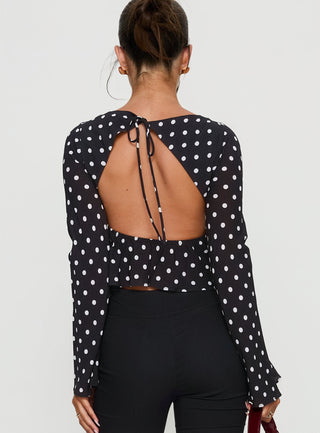 Lady Lady Long Sleeve Backless Top Black  White Polka