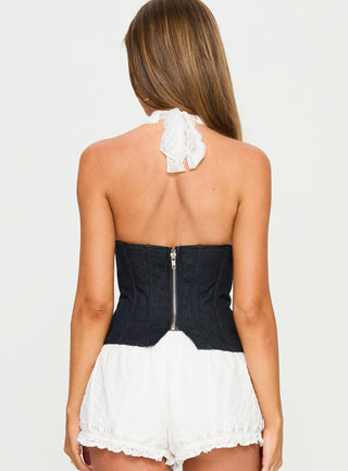 Dreamfields Lace Up Corset Top Dark Denim  White