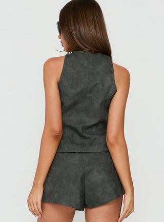 Ashtonn Sleeveless Faux Leather Military Top Black