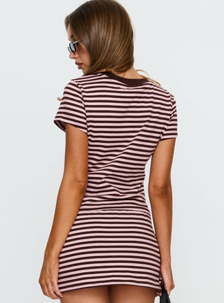 Settle Down Baby Tee Pink  Brown Stripe