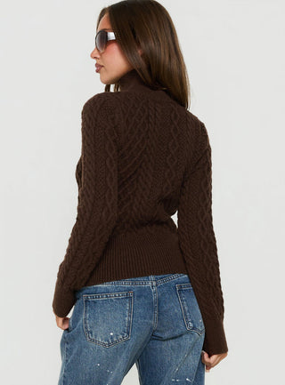 Arletta Cable Knit Zip Through Sweater Brown