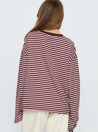 Settle Down Long Sleeve Top Pink  Brown Stripe