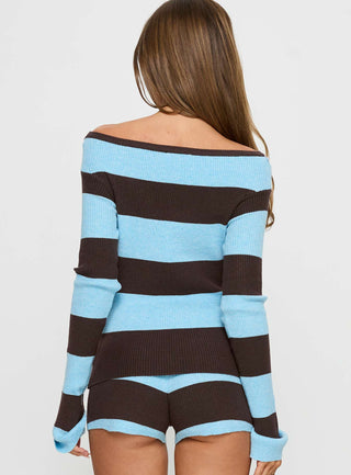 Ahani Off Shoulder Knit Top Blue  Brown