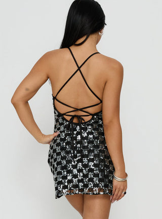 Disco Lights Sequin Lace Mini Dress Black