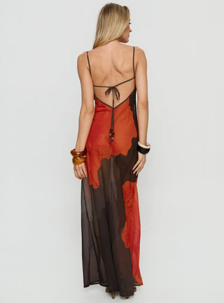 Carita Sheer Chiffon Maxi Dress Brown  Orange Floral