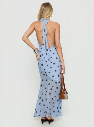 Oralee Halter Sheer Maxi Dress Blue  Polka Dot