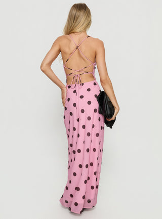 Celena Maxi Dress Pink  Brown Polka Dot