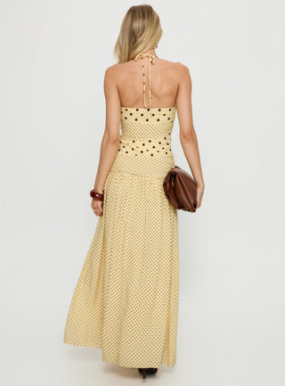 Marguerite Halter Maxi Dress Lemon  Brown Polka Dot