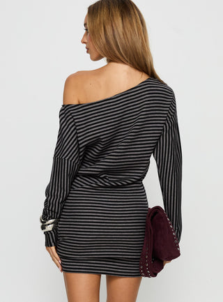 Alayne Long Sleeve Knit Mini Dress Black  Grey Stripe