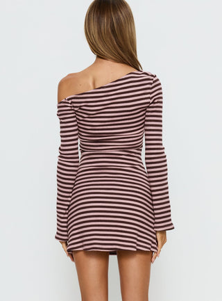 Adrietta Long Sleeve Off Shoulder Mini Dress Chocolate  Pink Stripe