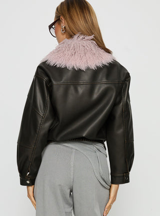 Brittanni Fluffy Collar Jacket Brown  Pink