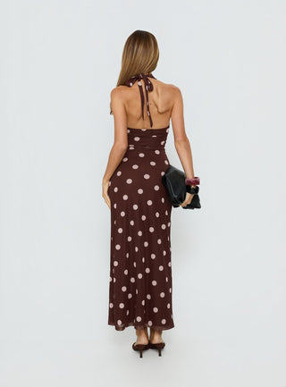 Saviana Halter Ruched Maxi Dress Chocolate  Pink Polka Dot