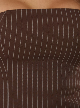 Mikena Strapless Belt Mini Dress Brown Pinstripe