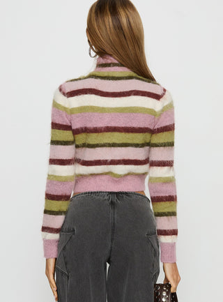 Keeva Zip Through Knit Jumper Pink  Green Stripe