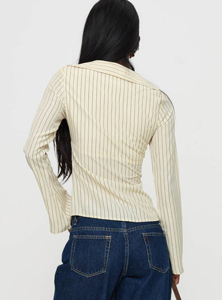 Life Begins Long Sleeve Lace Trim Top Cream Stripe