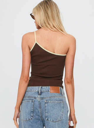 Hold It Down One Shoulder Contrast Top Chocolate  Yellow