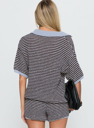 Serenique Collared Short Sleeve Knit Top Blue  Chocolate