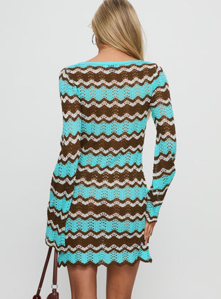 Suka Long Sleeve Knit Mini Dress Brown  Blue