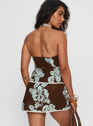 Anyah Halter Wrap Top Brown  Blue
