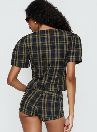 Femme Blouse Top Navy  Lemon Plaid