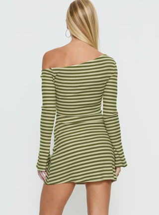 Adrietta Long Sleeve Off Shoulder Mini Dress Cream  Matcha Stripe