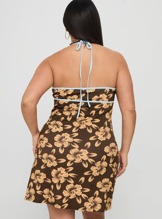 Mishie Halter Mini Dress Brown  Blue Floral Curve