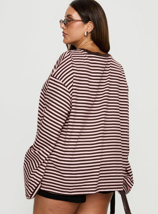 Settle Down Long Sleeve Top Pink  Brown Stripe Curve