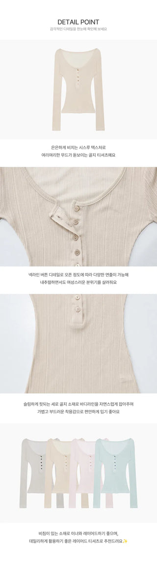 Pasto Button Ribbed Summer Long Sleeve T-shirt - 4 Colors