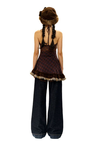[Moromoro2] Star Polka Dot Mesh Fur Trim Cami  Dress