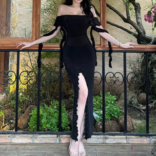 Off shoulder ruffle slit maxi dress