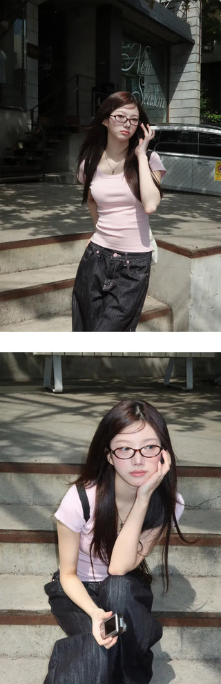 Model-praised pink heart Raw denim back point wide denim