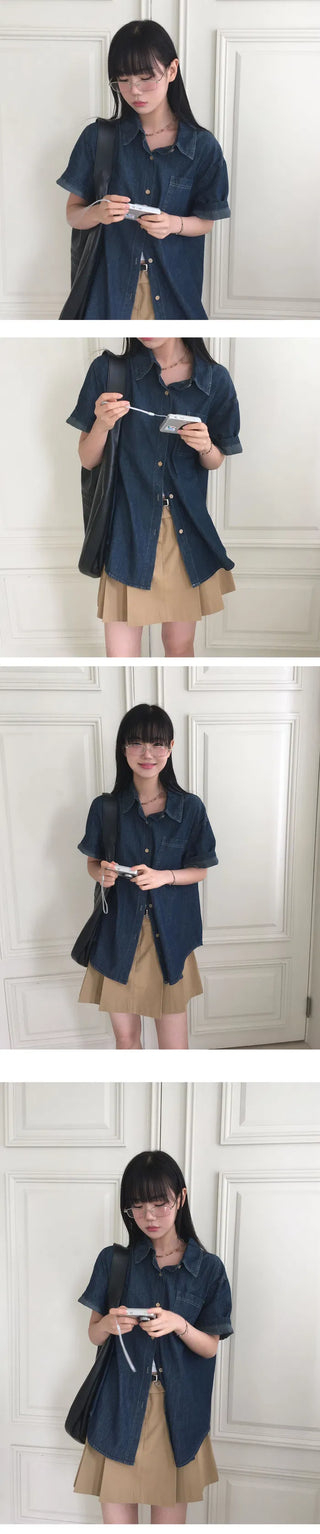 Overfit denim short-sleeved roll-up shirt