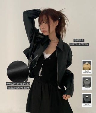 Single-collar half-crop leather jacket - 3 colors