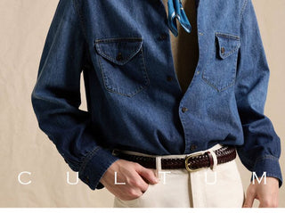 [CULTUM] Washed Gradient Cuban Collar Denim Shirt