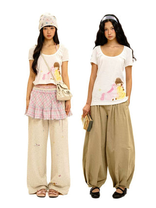 [Moromoro2] Girl & Horse Print Layered Tee  Set