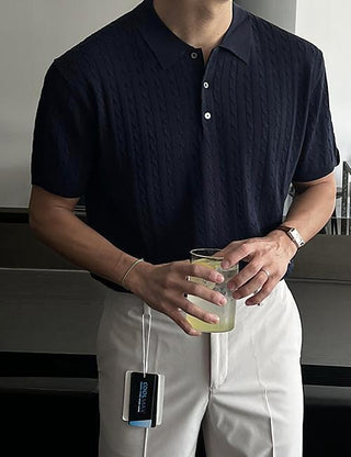 Boyfriend look cable collar short-sleeve knit (cool fabric)
