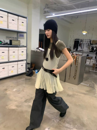 [NeverSeez] Mesh Layered Pleated Vest Dress