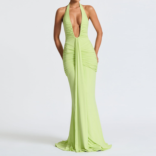 Deep v neck ruched backless maxi dress