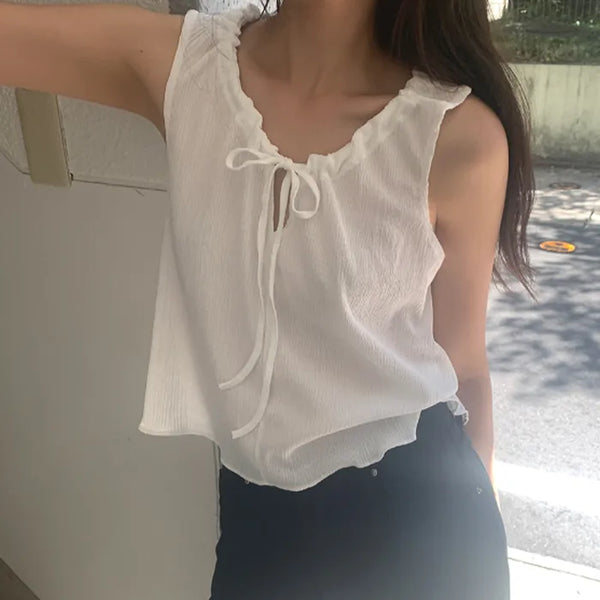 Shirred flared ribbon sleeveless blouse