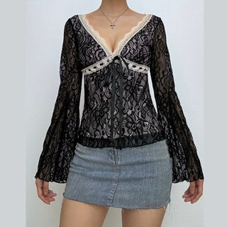 Long flared sleeve lace bowknot top