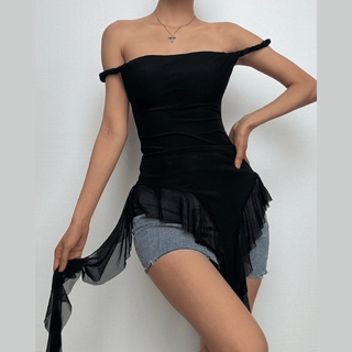Off shoulder ruffle irregular mesh top