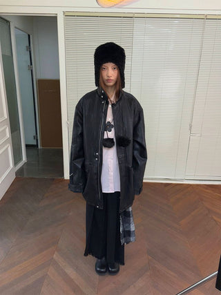 [NeverSeez] Padded PU Leather Trench Coat