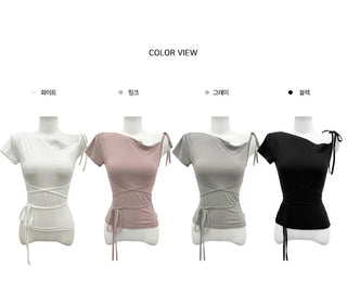 Off-shoulder ribbon ballet core t-shirt - 4 colors