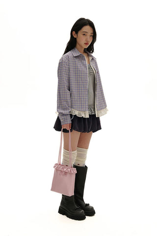[Moromoro2] Layered Lace Hem Plaid Embroidered  Shirt