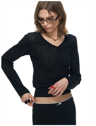 [NECY] Wavy Black Ribbed Slim Knit